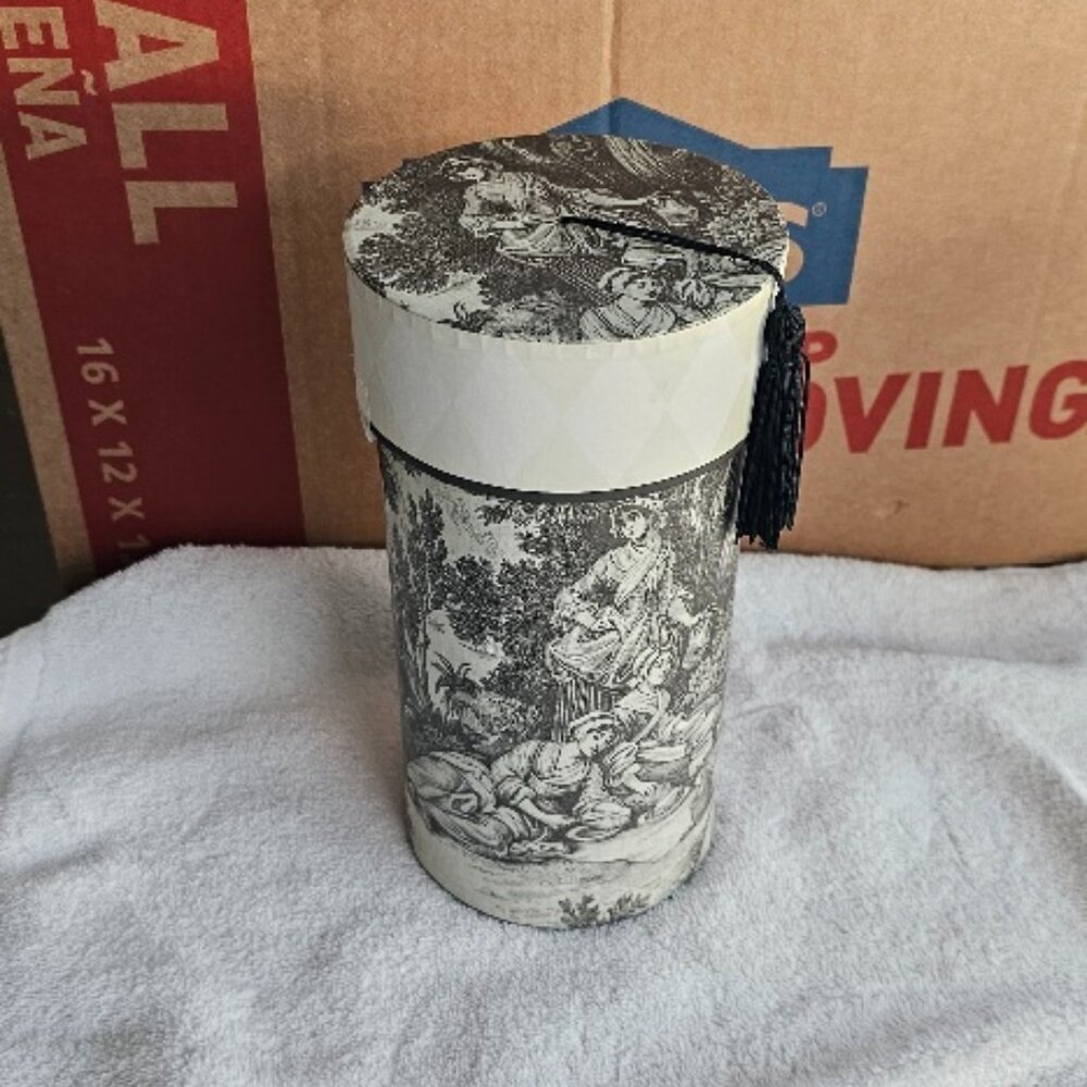 Punch Studio Cardboard Paper Round French Toile Storage Box Lid with Tassel